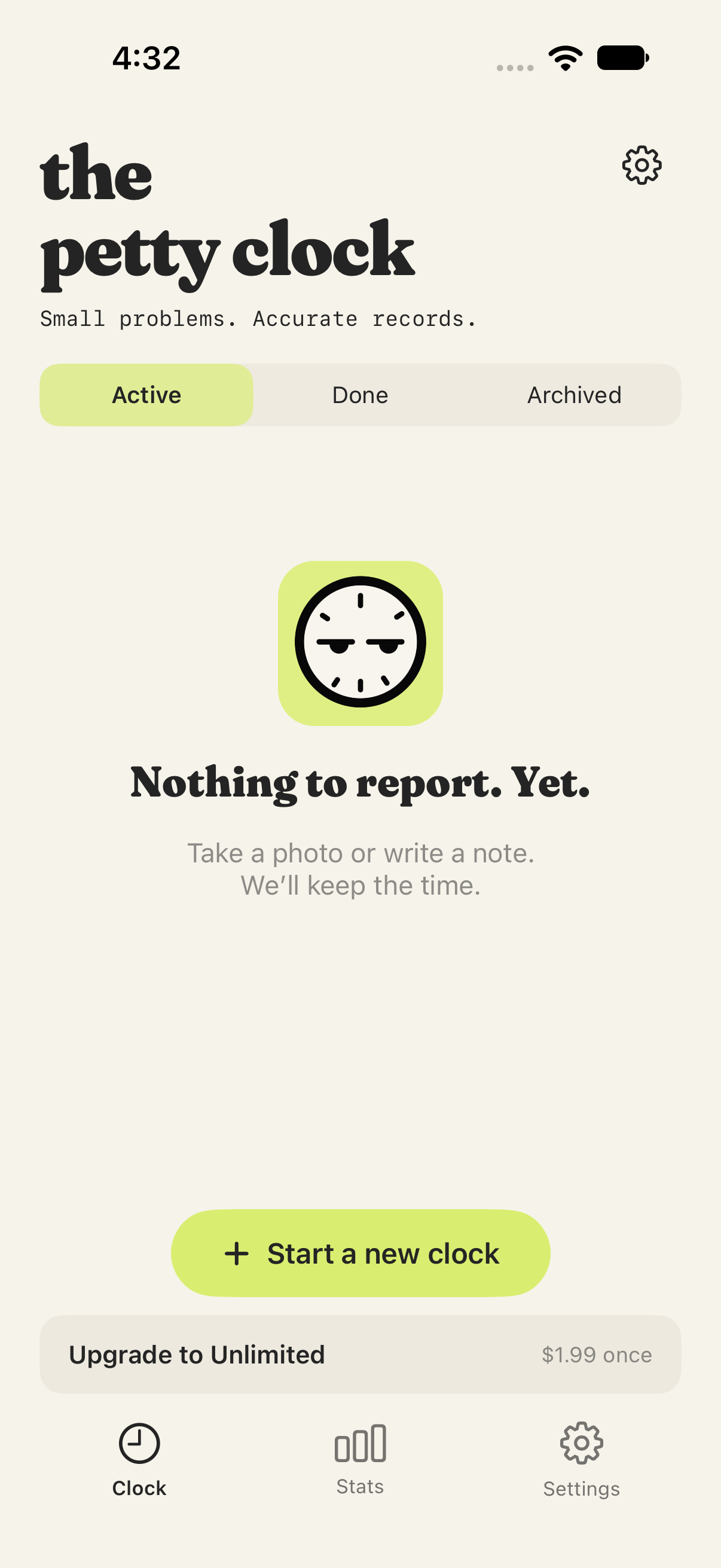 The Petty Clock with Active, Done, and Archived filters and the corrected side-eye clock icon